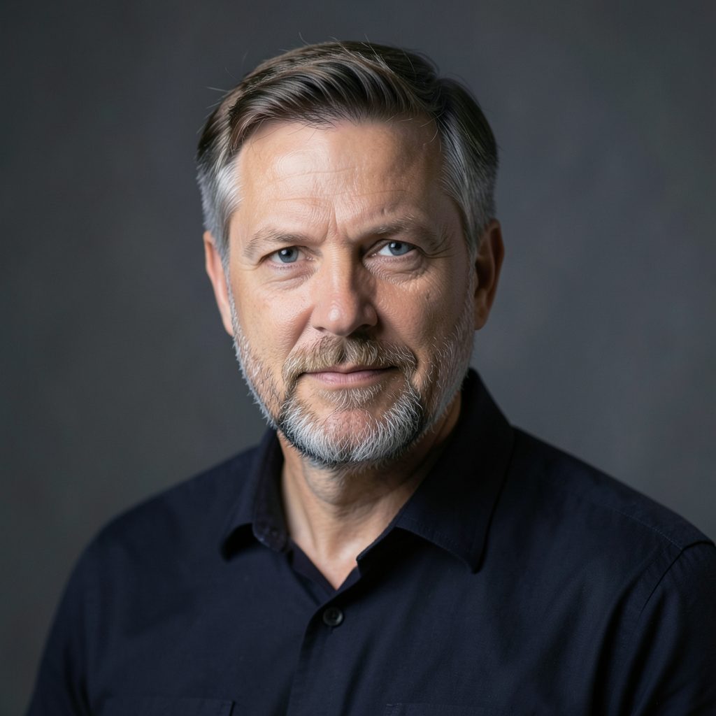 Portrait of Heine Bakkeid, a Norwegian author, in a dark-toned author photo against a muted background