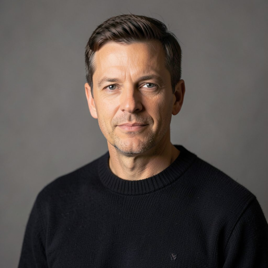 Portrait of Heine Bakkeid in a dark sweater against a muted grey background, warm and understated