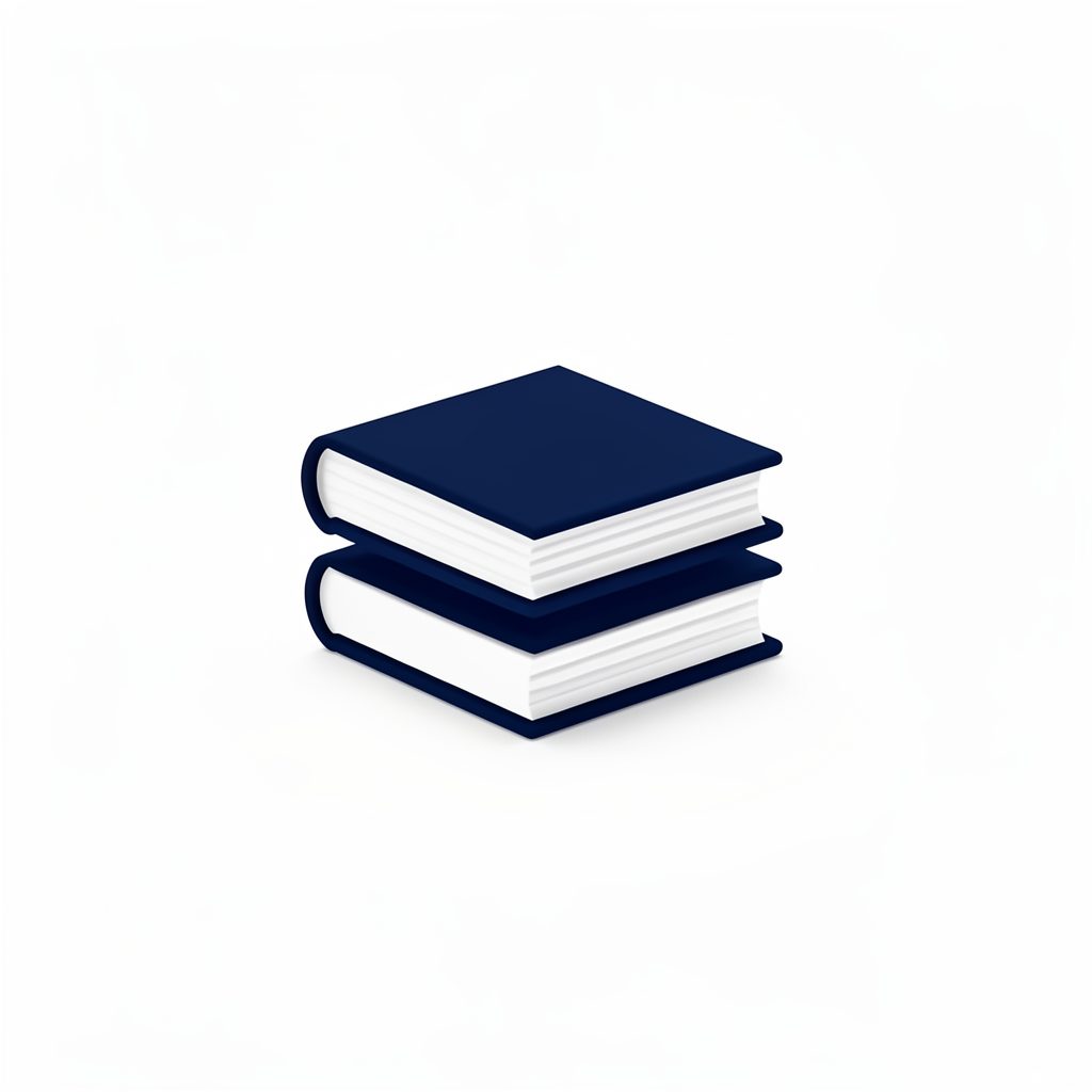 Small icon of stacked books, dark blue on white