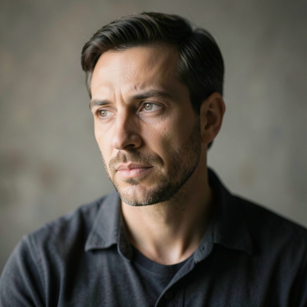 Author portrait in muted tones, warm greys and soft shadows, contemplative mood