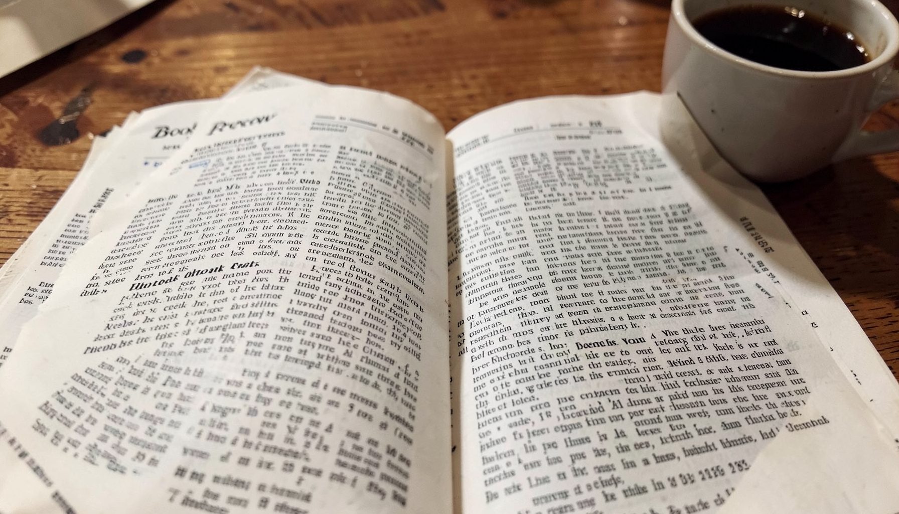 A spread of newspaper clippings and book-review columns in black print on newsprint, with a coffee cup to one side, warm and literary atmosphere
