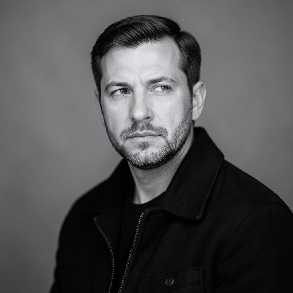 Monochrome portrait of a man in a dark jacket against a muted grey background, calm and contemplative mood