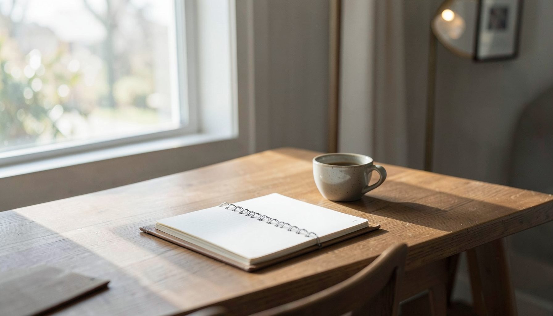 A quiet writing desk with a notebook and a cup of coffee, soft morning light through a window, calm Scandinavian interior
