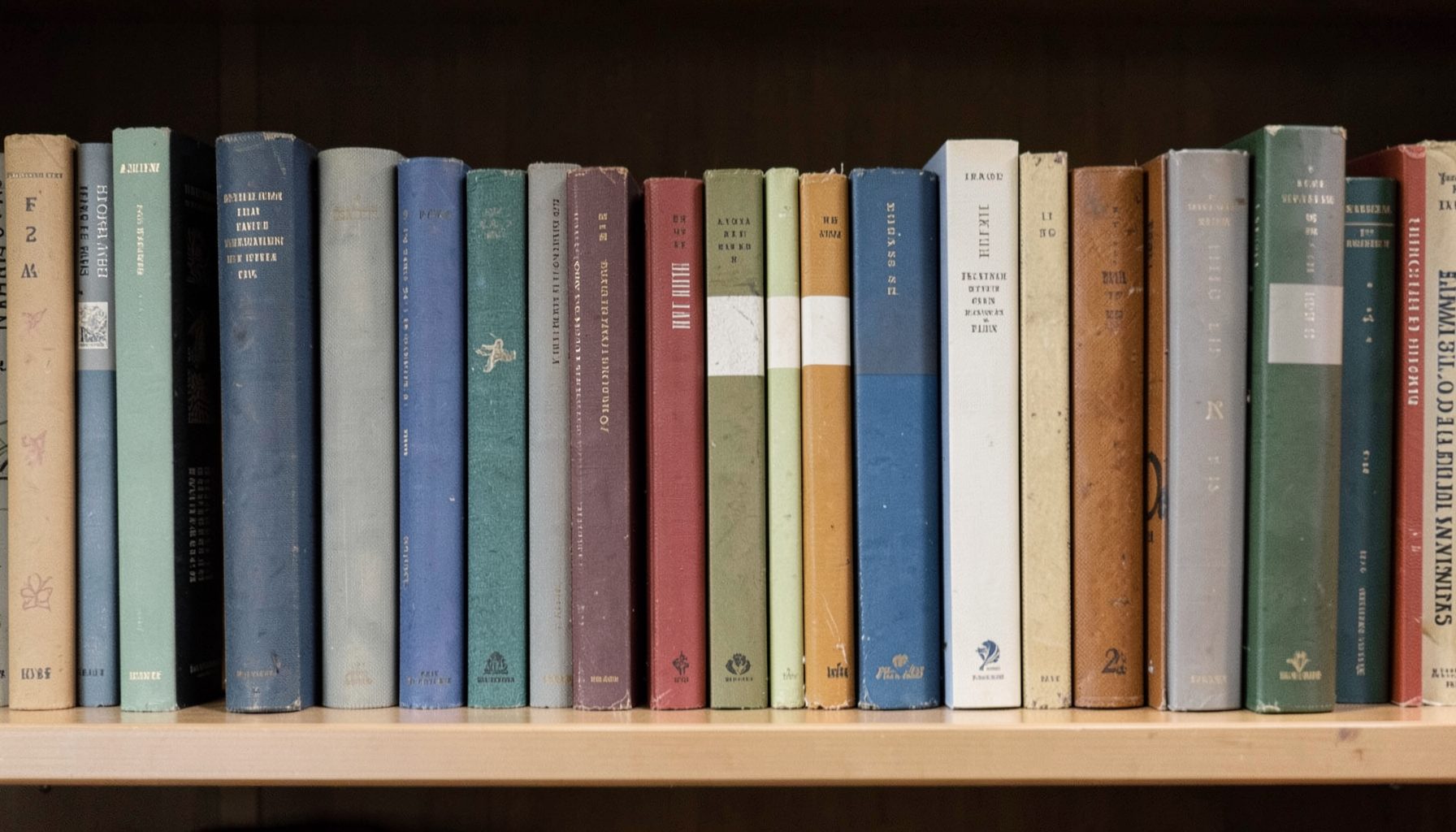 Row of books on a shelf with spines facing out, muted blues and warm ochres, literary atmosphere