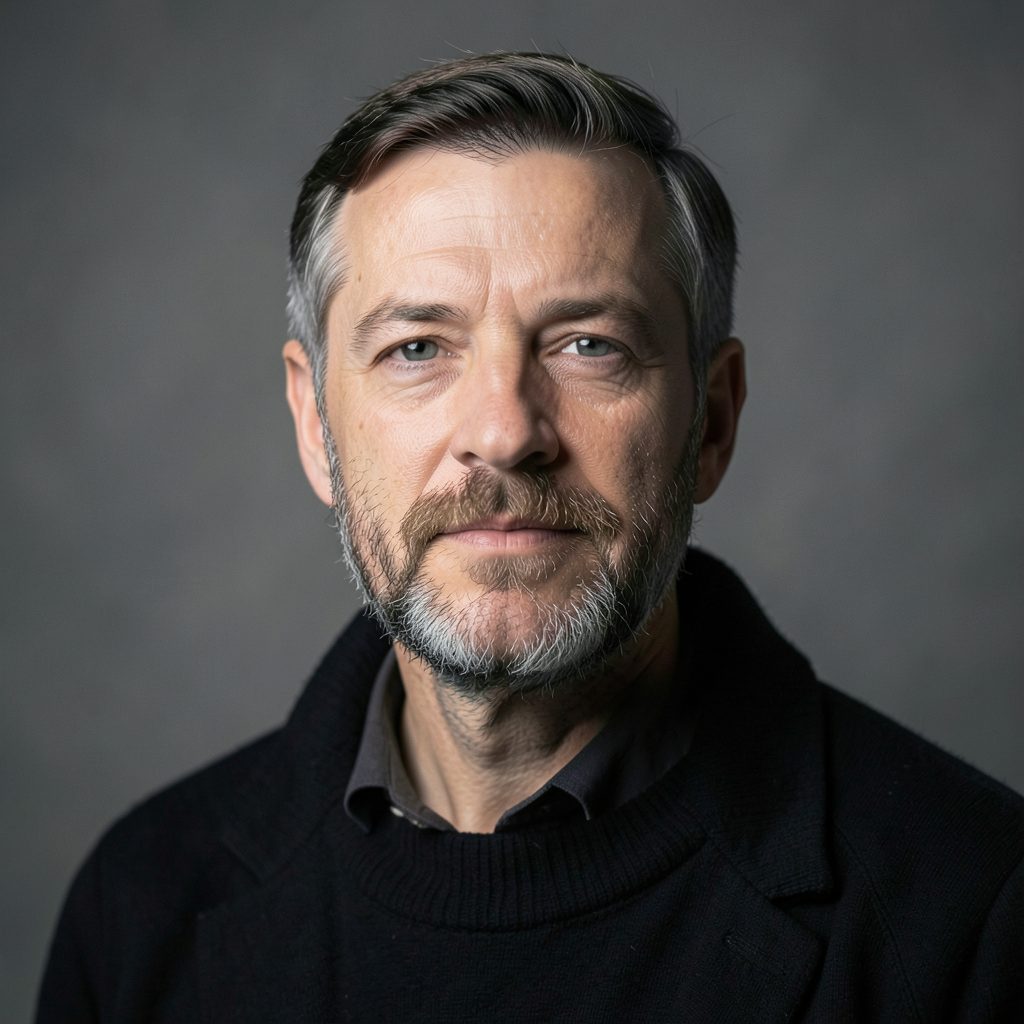 Portrait of Heine Bakkeid, a Norwegian author, in a dark-toned literary portrait against a muted grey backdrop