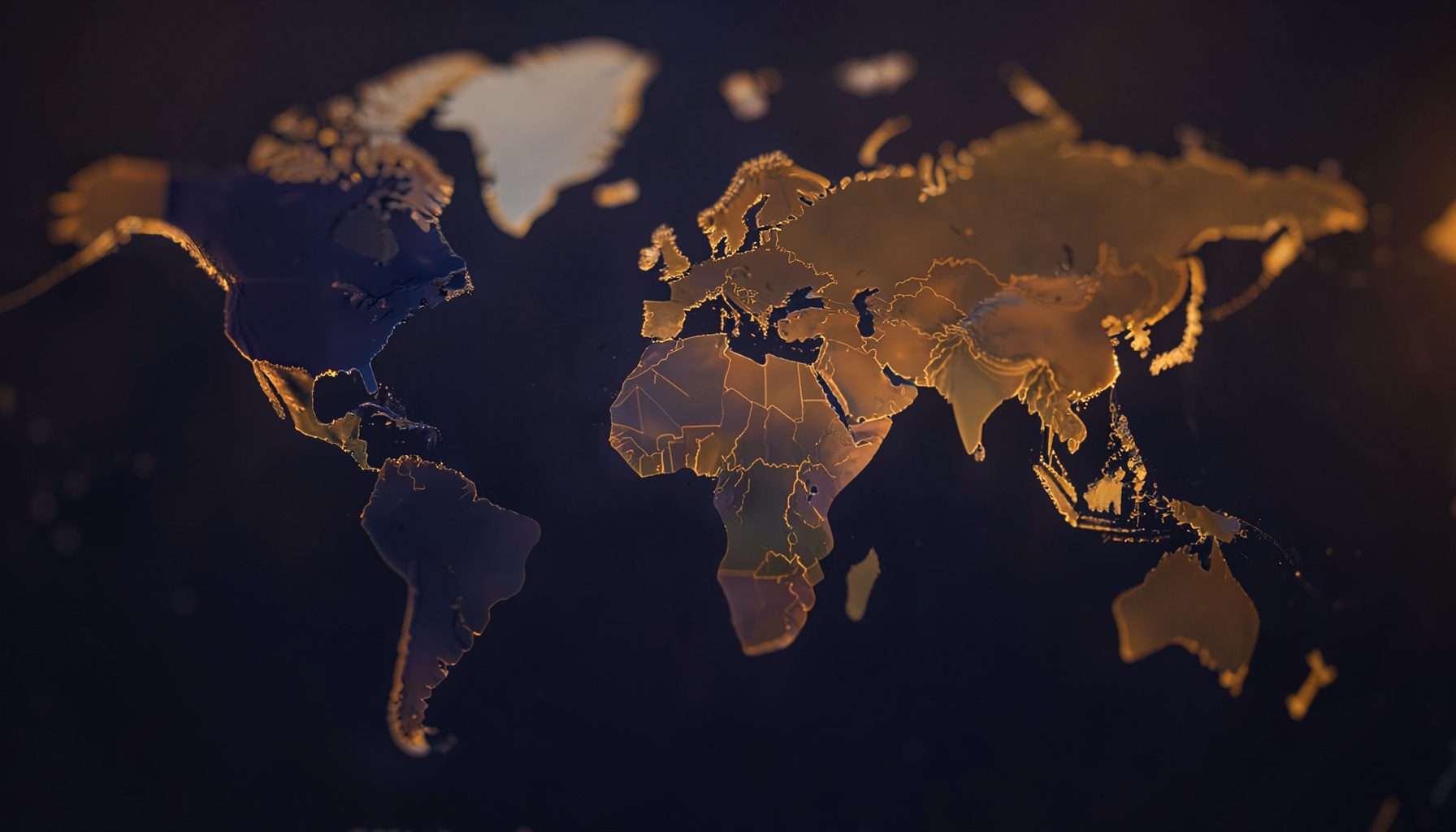 World map with soft focus and warm amber lighting, suggesting international reach, deep navy and gold tones