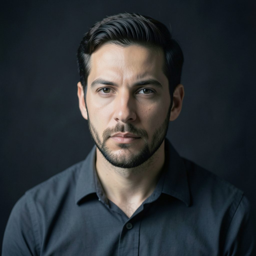 Author portrait in muted tones against a dark backdrop, calm and contemplative mood